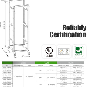 Open Rack 24U 4 Post Open Frame 19-Inch Data Network Desktop Server/Audio Rack 800MM Deep