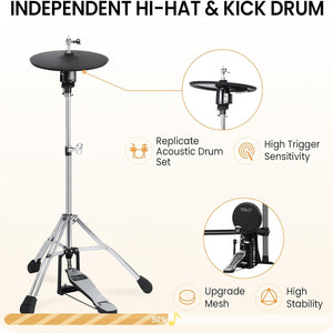 Electric Drum Set, Electronic Drum Set with 4 Quiet Mesh Drum Pads, Independent Hihat and Kick Drum Full Size Adult Drum Set, 3 Cymbals with Choke, 225 Sounds, USB MIDI, Drum Throne, and Sticks