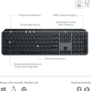 MX Keys S Wireless Keyboard, Low Profile, Fluid Precise Quiet Typing, Programmable Keys, Backlighting, Bluetooth, USB C Rechargeable, for Windows PC, Linux, Chrome, Mac - Graphite