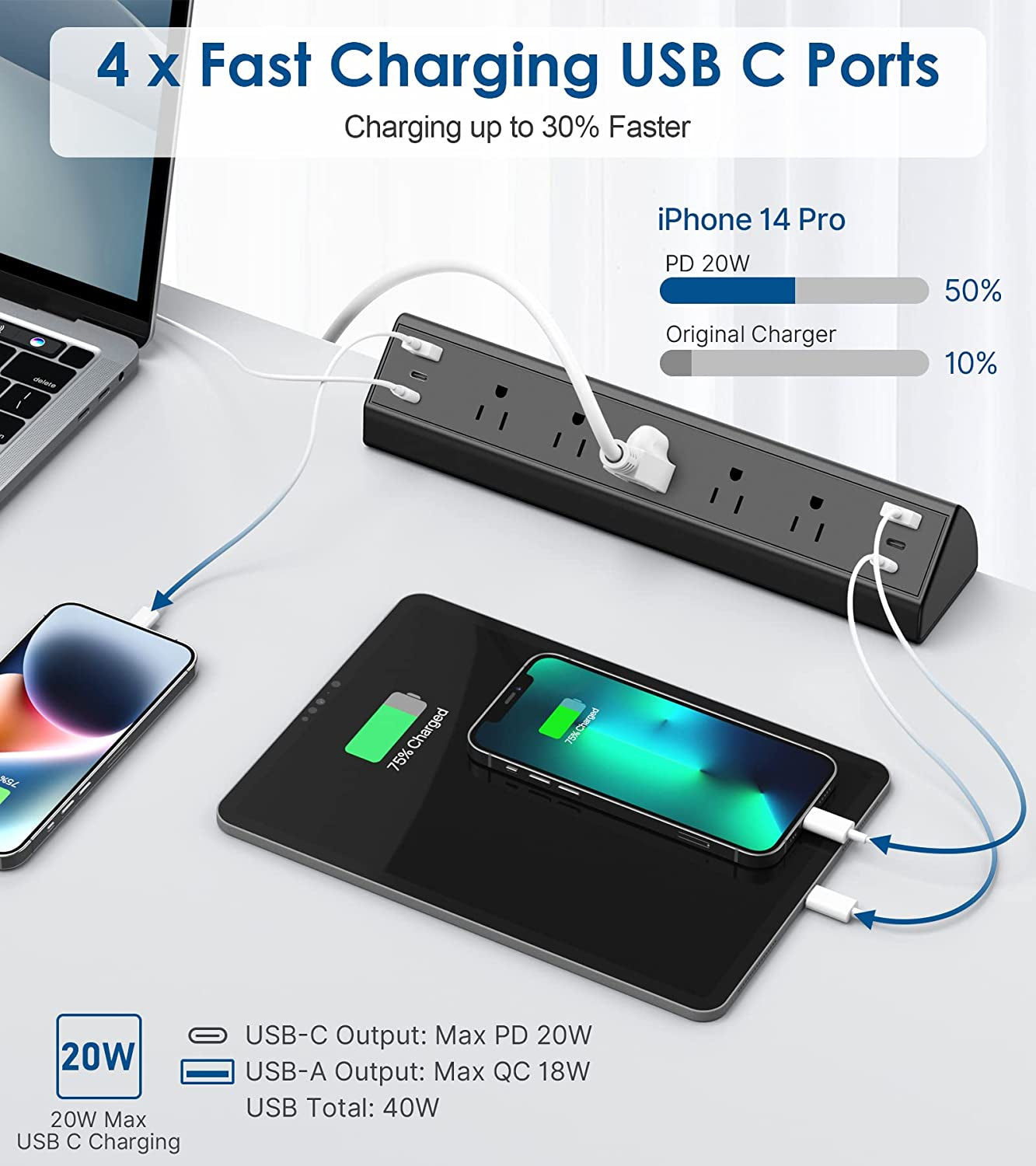 Desk Clamp Power Strip with 4 PD 20W USB-C Ports, 6 AC Outlets, 6 USB Ports, 40W Fast Charging Station, 6Ft Cord, Perfect for 1.96" Tabletop Edge