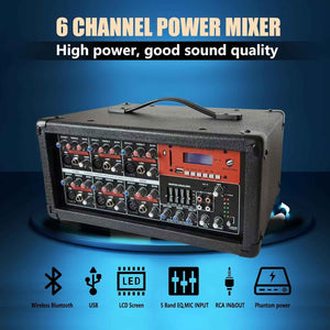 S-1202 12Inch 2000W Bluetooth PA System with Powered Mixer Set, Passive Speakers with 6 Channel Mixer/Stands/Mic/Effect Controller/ 48V Phantom Power,For Indoor&Outdoor