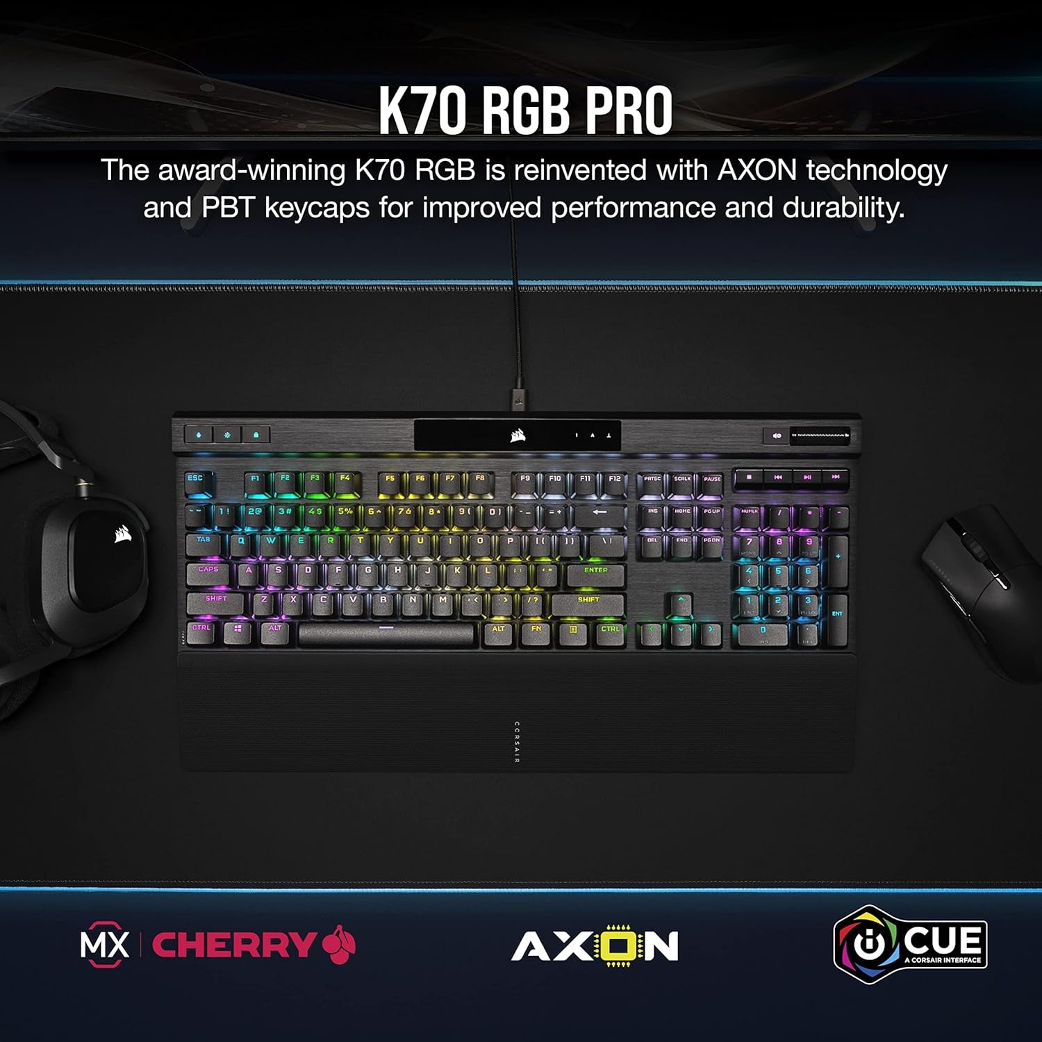 K70 RGB PRO Wired Mechanical Gaming Keyboard (Cherry MX RGB Red Switches: Linear and Fast, 8,000Hz Hyper-Polling, PBT Double-Shot PRO Keycaps, Soft-Touch Palm Rest) QWERTY, NA - Black