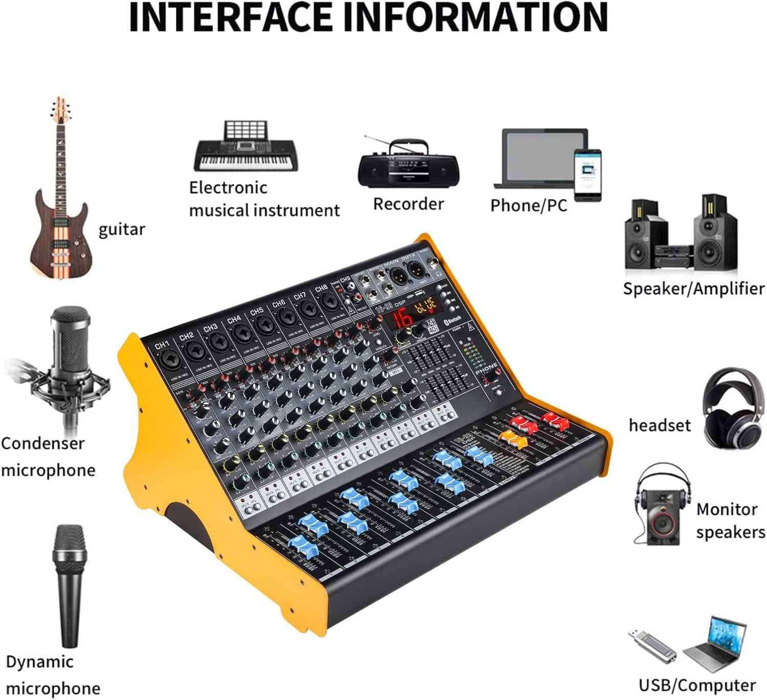 Mixers Audio 9 Channel Mixer, Dj Mixer Board Mixer Audio Bluetooth MP3 Mixer for Music with 99 Kinds of DPS Digital Effects, Usb Audio Mixer for Karaoke Speakers