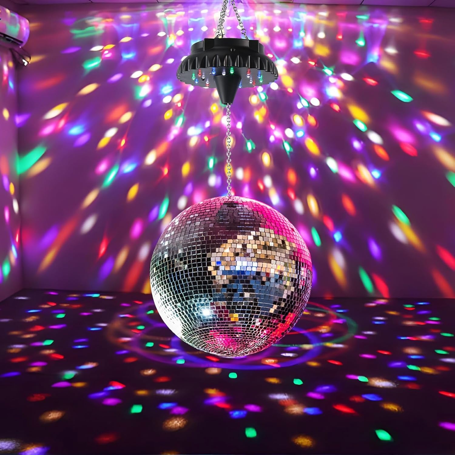 Disco Ball Motor Rotating with Light: Rechargeable Disco Ball Spinner with Remote Adjustable Speed - 18 RGBW LED Light for Hanging Mirror Ball Wedding Party Decor