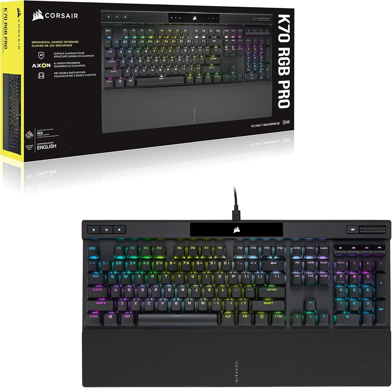 K70 RGB PRO Wired Mechanical Gaming Keyboard (Cherry MX RGB Red Switches: Linear and Fast, 8,000Hz Hyper-Polling, PBT Double-Shot PRO Keycaps, Soft-Touch Palm Rest) QWERTY, NA - Black