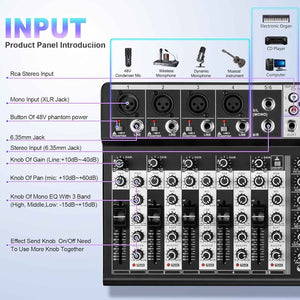 6 Channel Audio Interface Sound Board Mixing Console 16-Bit DSP DJ Mixer Audio Reverb Effect +48V Phantom Bluetooth Studio Audio Mixer for Karaoke Studio Streaming Recording