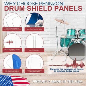 Drum Shield 5Ft W/Living Hinges, Comes W/ 3 Drum Panels & Living Hinges, Premium Clear Acrylic Panels, Drum Screen