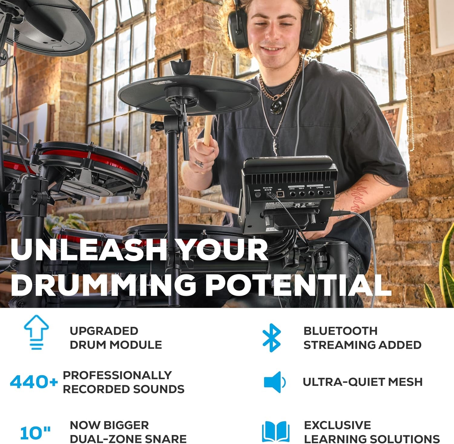 Nitro Max Kit 10 Piece Electric Drum Set with Quiet Mesh Pads, 10" Dual Zone Snare, Bluetooth, 440+ Sounds, Drumeo, USB MIDI, Kick Pedal