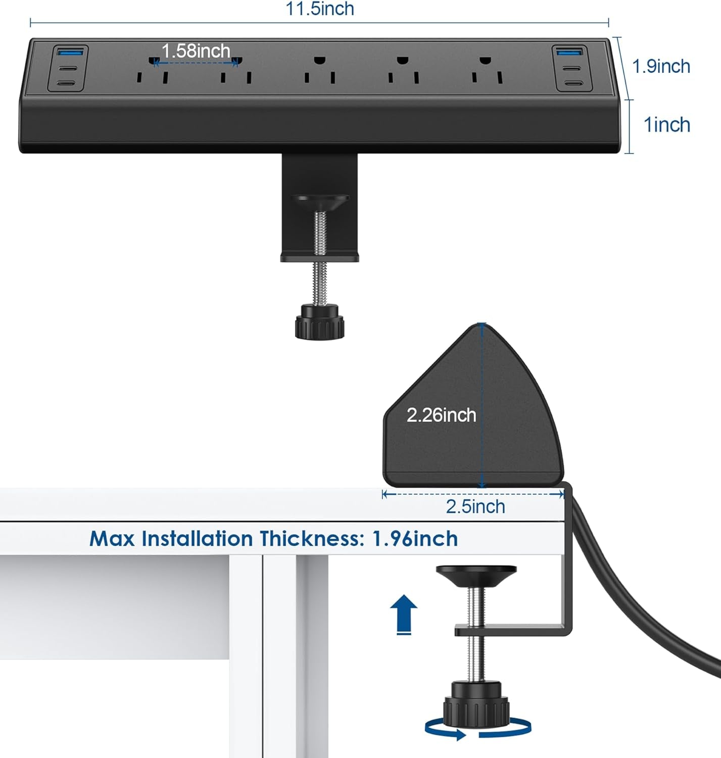 Desk Clamp Power Strip with 4 PD 20W USB-C Ports, 6 AC Outlets, 6 USB Ports, 40W Fast Charging Station, 6Ft Cord, Perfect for 1.96" Tabletop Edge