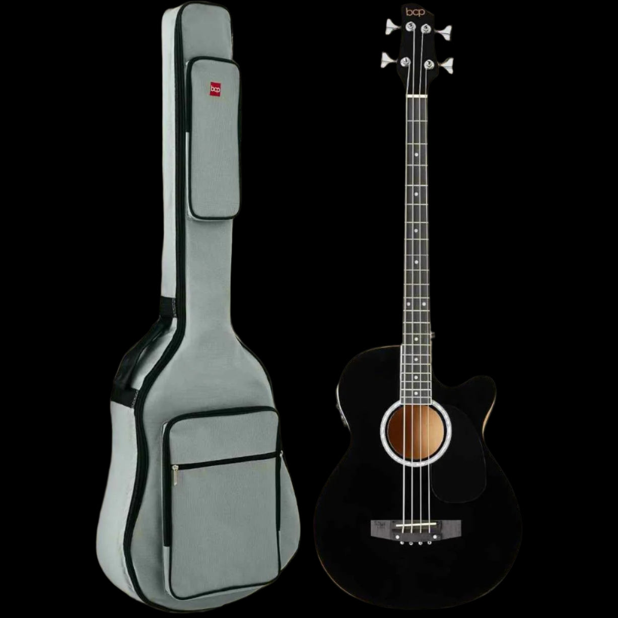 E-coustic Bass Guitar 4 String (Black) W/ Gig Bag