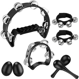 8 Pcs Tambourines for Adults Metal Jingles Hand Held Percussion Half Moon Tambourine, 4 Bells Tambourine, Wrist Bells, Egg Shakers, Sand Hammer, Hand Percussion Instrument Set for Party, KTV, Church