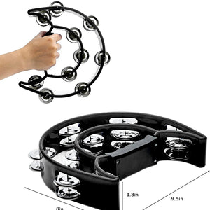 Tambourine Double Row Metal Jingles Hand Held Percussion Half-Moon Tambourines Musical Instrument Gifts for Kids, Adults, Party - Black