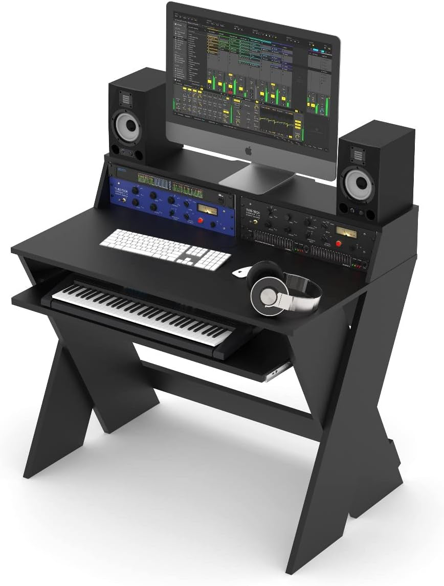 Sound Desk Compact Professional Studio Workstation - Elegant Walnut Finish with Pull-Out Keyboard Compartment