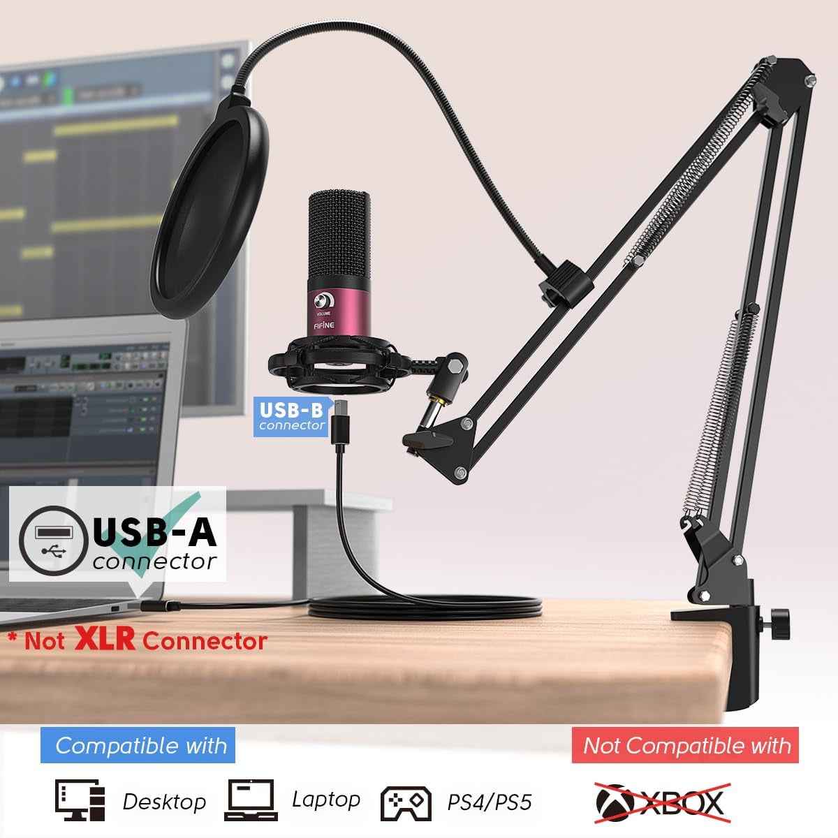 USB Condenser Microphone Kit Rose Red W/ Boom Stand