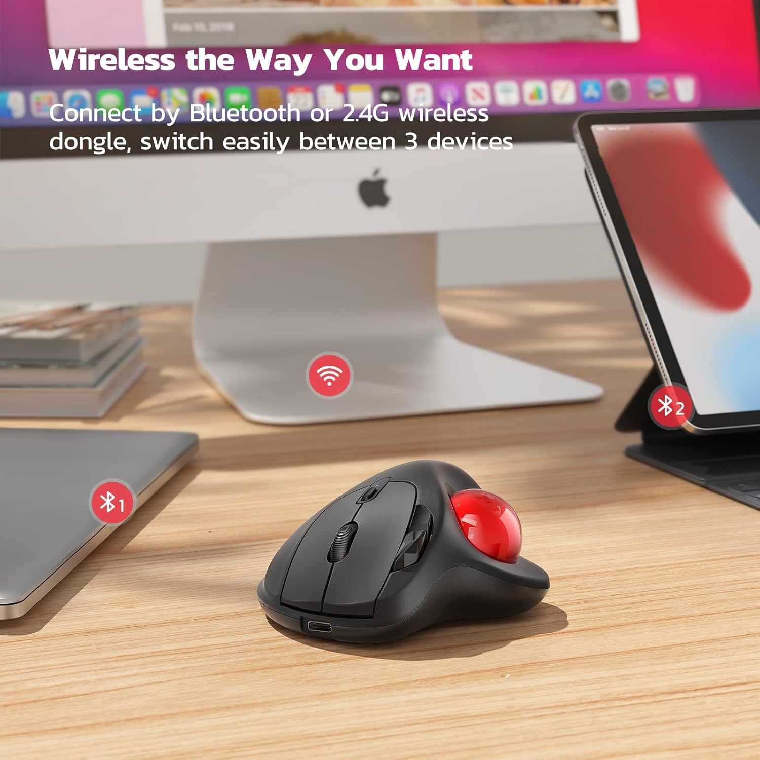 M501 Wireless Trackball Mouse, Rechargeable Ergonomic, Easy Thumb Control, Precise & Smooth Tracking, 3 Device Connection (Bluetooth or USB Receiver), Compatible for PC, Laptop, Mac, Windows.