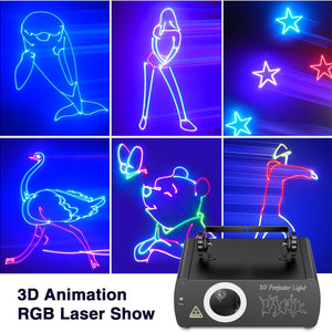 DJ Laser Party Lights, 3D Animation RGB Laser Stage Lighting, DMX512 Music Sound Activated Disco Projector Lights, Remote Control Beam Effect Scan Light for Bar Wedding Nightclub Live Show