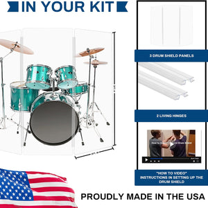 Drum Shield 5Ft W/Living Hinges, Comes W/ 3 Drum Panels & Living Hinges, Premium Clear Acrylic Panels, Drum Screen