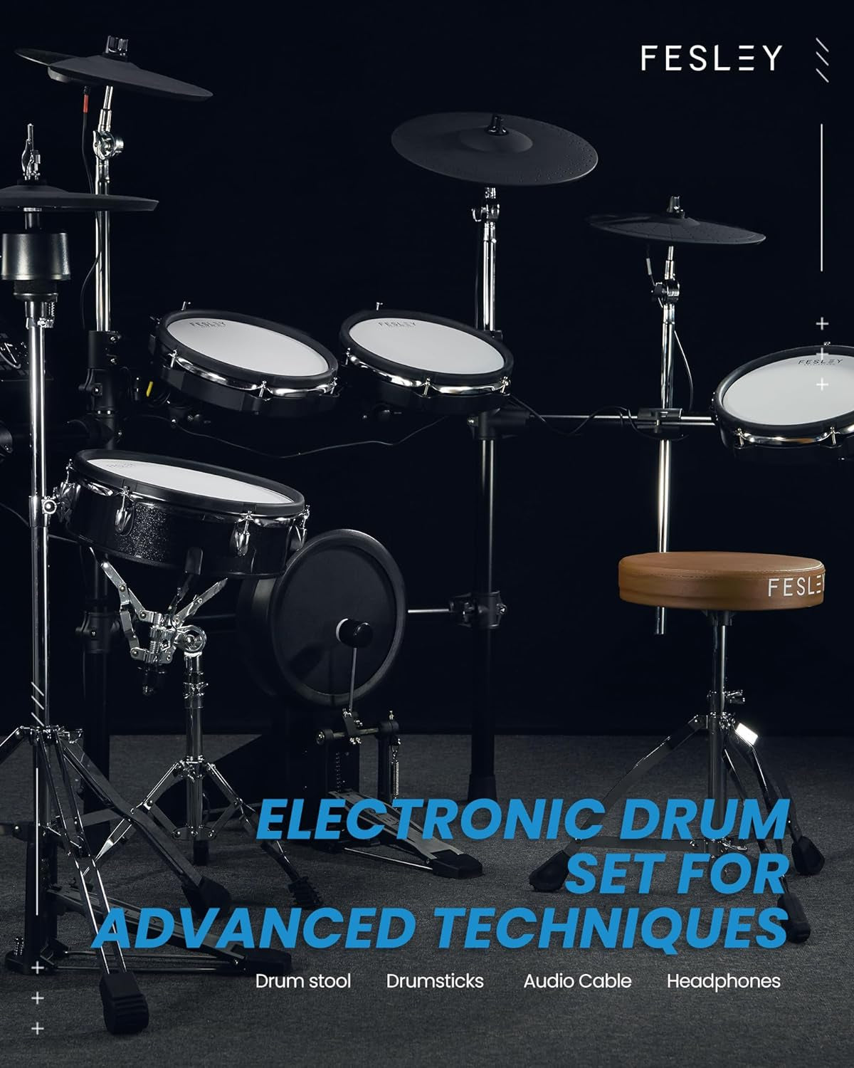 Electric Drum Set with Independent Hi-Hat Snare Drum: Full Size Electronic Drum Set with Mesh Dual Zone Drum Pad, Drum Set with Bluetooth MIDI Function, Throne, Headphones, Sticks, Black