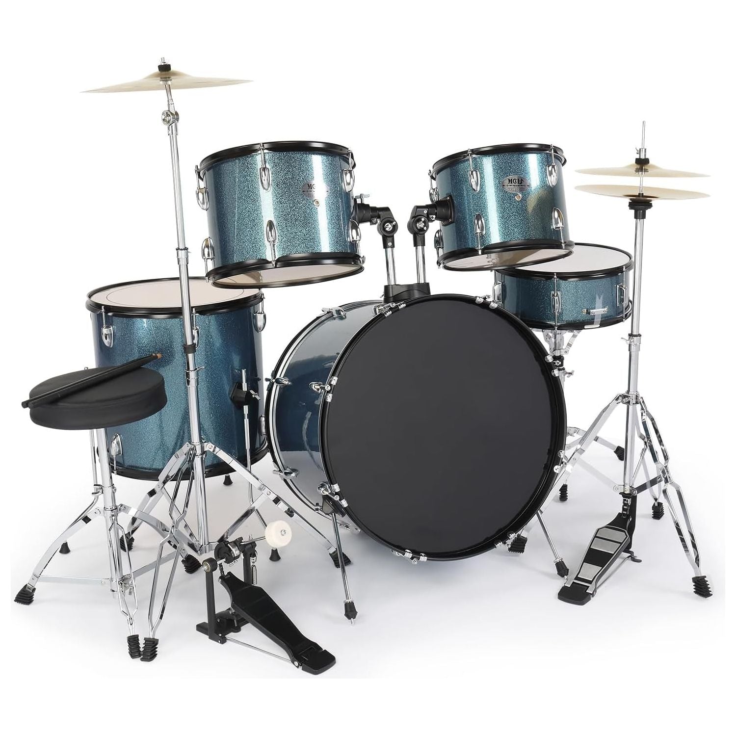 5-Piece Adult Drum Set, 22 Inch Full-Size Drums Kit with Cymbal Stands, Hi-Hat Stand, Sticks, Drum Pedal, Stool & Floor Tom for Beginner Teens Student (Blue)