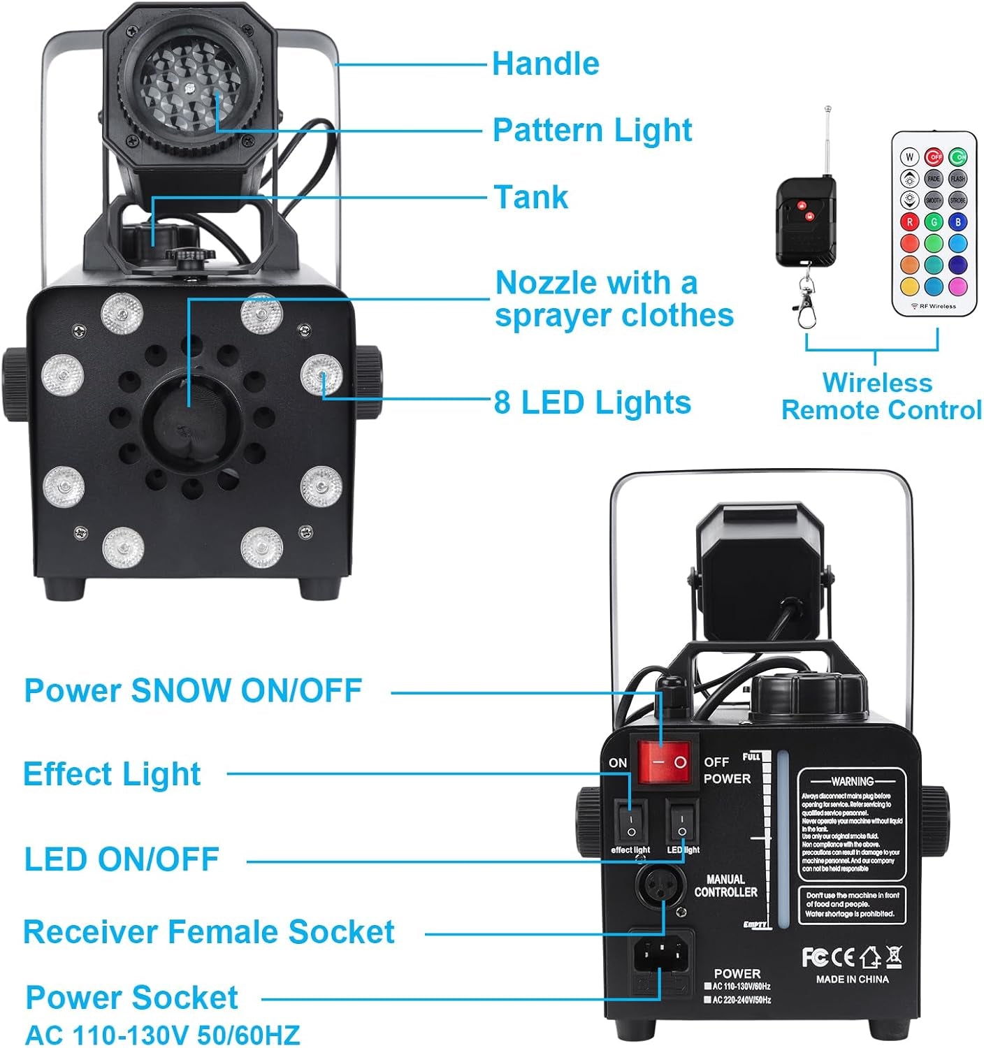 Upgraded 800W Snow Machine with 8 LED RGB Lights, LED Projection, and 2 Wireless Remotes, Perfect for Christmas, Halloween,Parties, Wedding and DJ Stage …