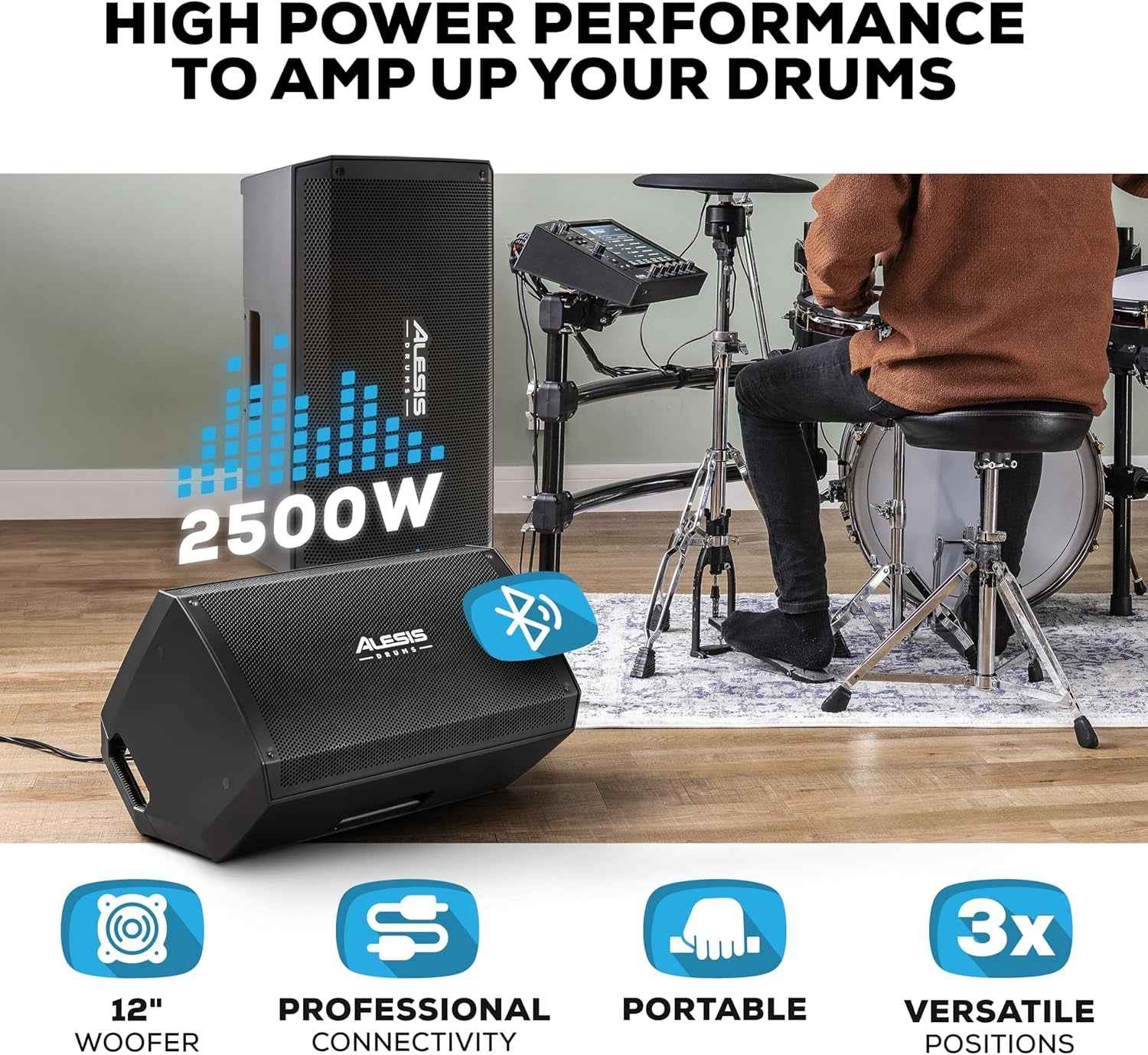 Strike Amp 12 MK2-2500W Drum Amp Speaker for Electric Drum Set with Bluetooth, 12" Woofer, HPF EQ and Ground-Lift Switch