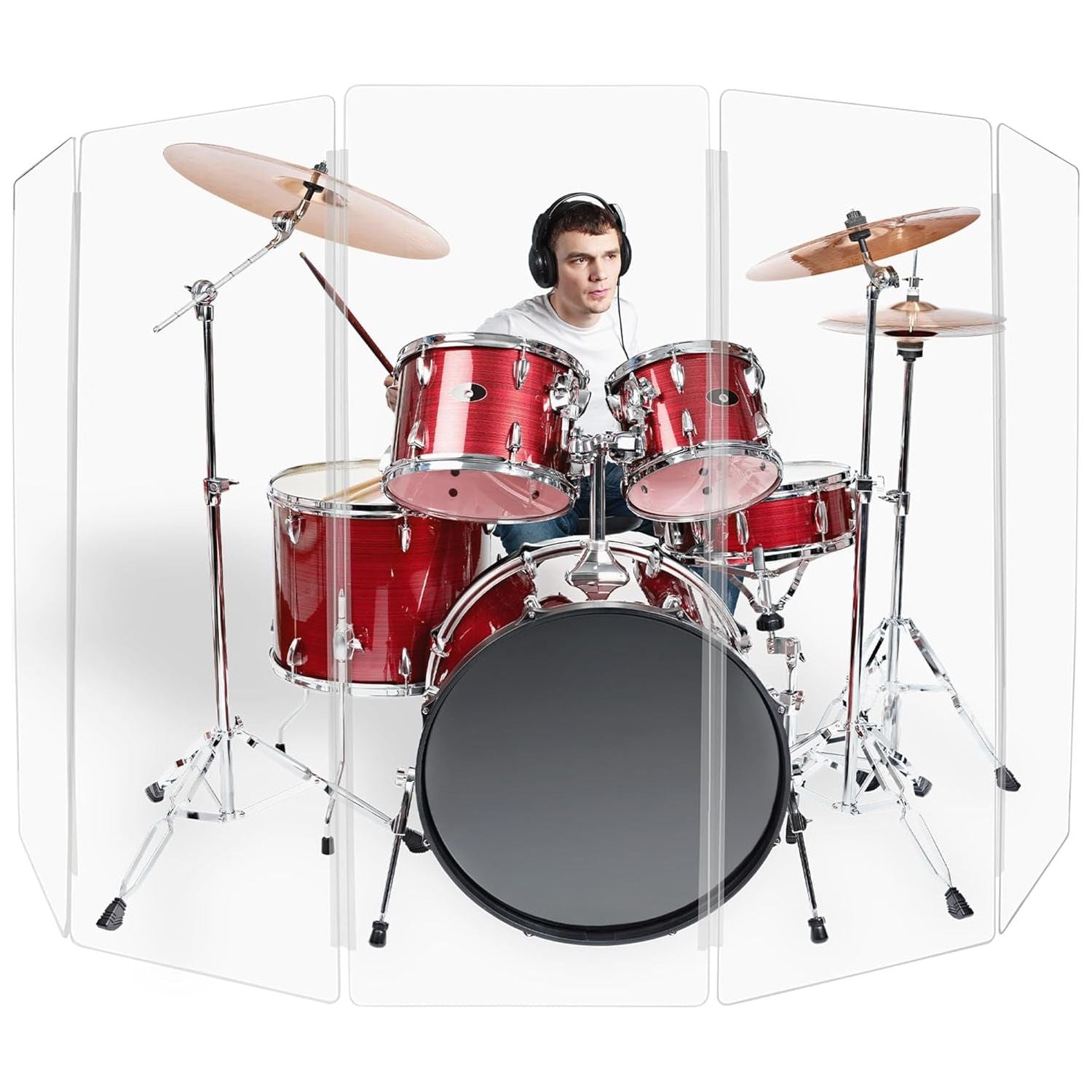 Drum Shield 5Ft W/Living Hinges, Comes W/ 5 Drum Panels & Living Hinges, Premium Clear Acrylic Panels, Drum Screen