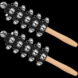 2 Pcs Christmas Hand Jingle Bells Wooden Handle Sleigh Bells Christmas Stick Jingle Bells Shaker Rattle Musical Percussion Handheld Bells Holiday Xmas Gifts (Black)