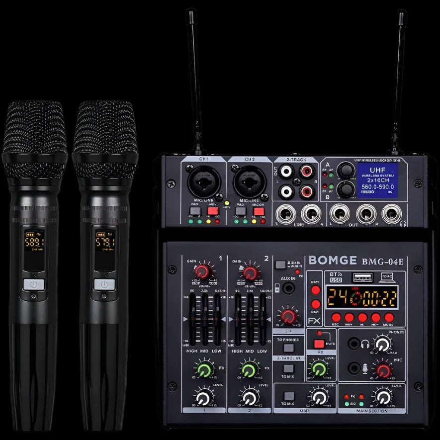 04E Karaoke Audio Mixer,4 Channel Mixer with Dual UHF Wireless Mic, Sound Board Console MP3 Bluetooth 48V Phantom Power USB Audio Interface DJ Mixing for Party Computer Studio Recording (04E)