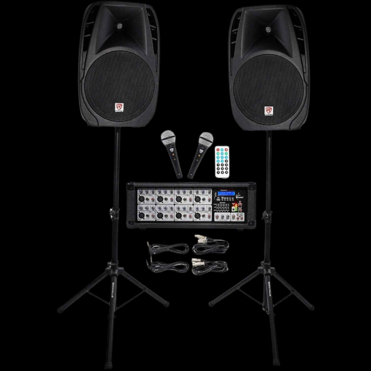 RPG2X15 Package PA System Mixer/Amp+15" Speakers+Stands+Mics+Bluetooth