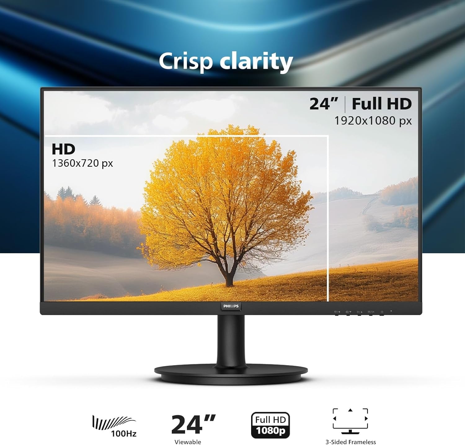 24 Inch Frameless Full HD (1920 X 1080) 100Hz Monitor, VESA, HDMI X1, VGA Port X1, Eye Care, 4 Year Advance Replacement Warranty, 241V8LB