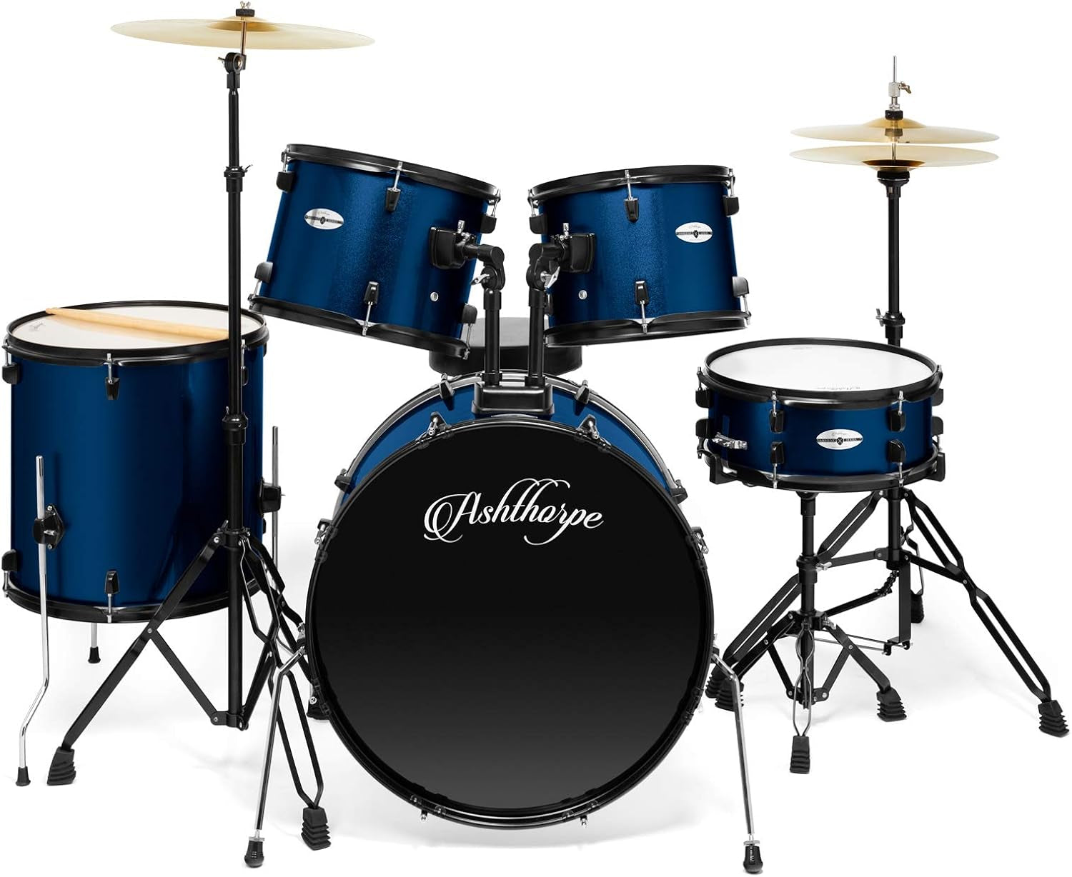 5-Piece Complete Full Size Adult Drum Set with Remo Batter Heads - Blue