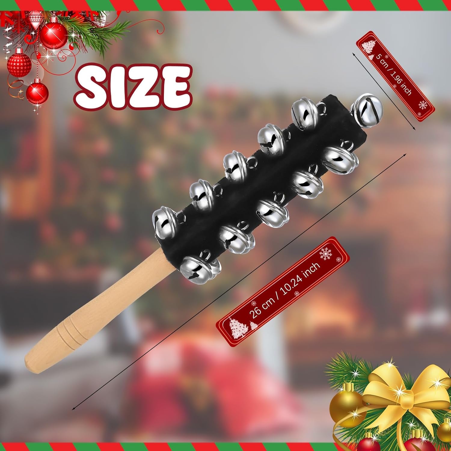 2 Pcs Christmas Hand Jingle Bells Wooden Handle Sleigh Bells Christmas Stick Jingle Bells Shaker Rattle Musical Percussion Handheld Bells Holiday Xmas Gifts (Black)