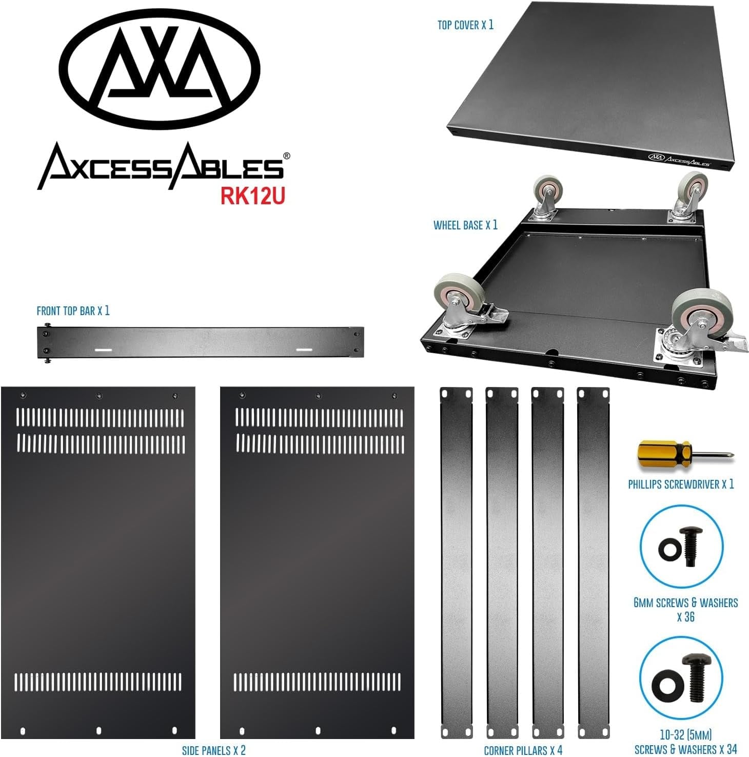 Axcessables 12U AV Rack Stand | 12 Space Component Rack Cabinet | Removable Side Panels for Open-Frame | 550Lb Capacity Four Post Network Server Case| 19-Inch Rack-Mountable Cabinet (RK12U)