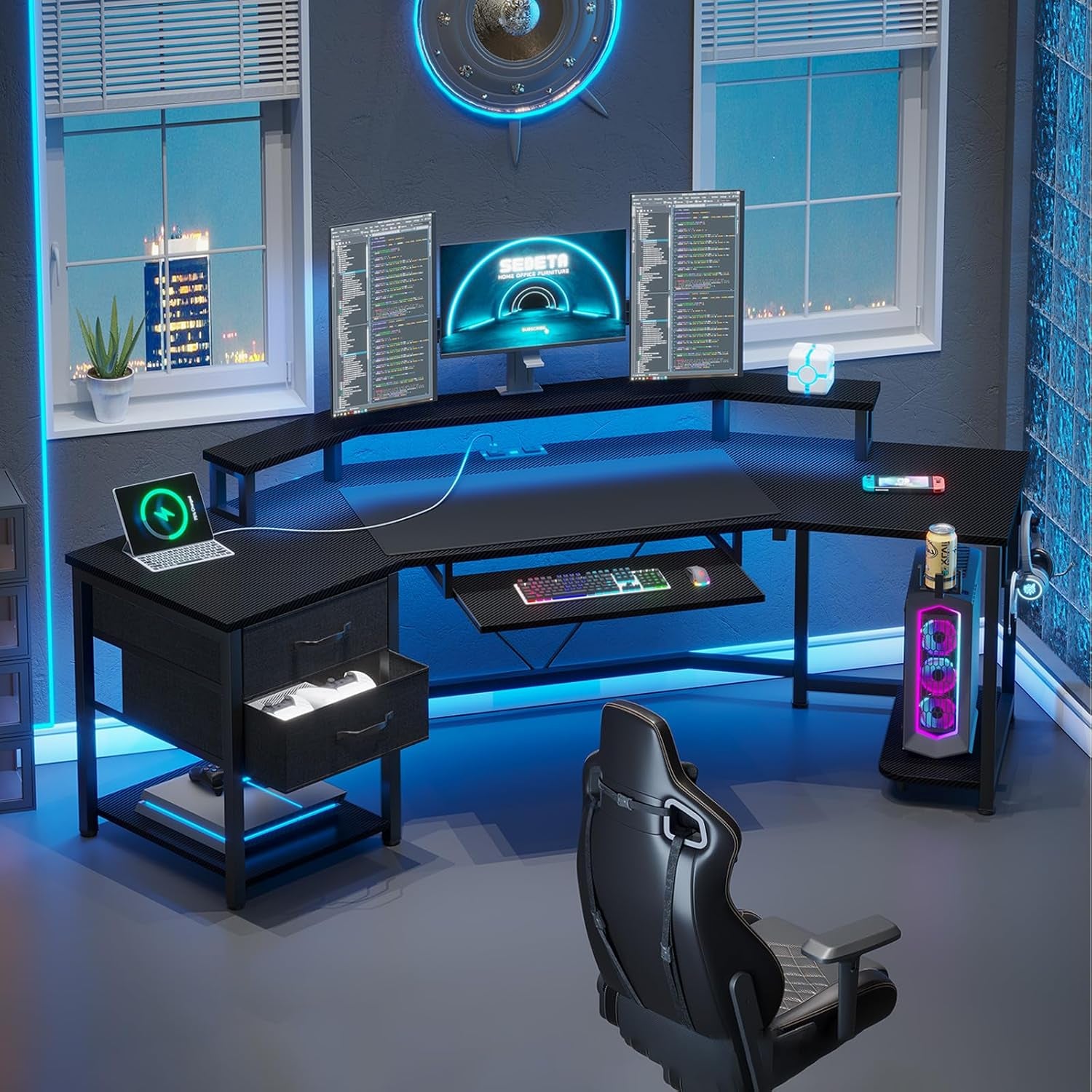 79" L-Shaped Gaming Desk with LED Light & Storage - Stylish Carbon Fiber Black Design with 2 Fabric Drawers for Home Office