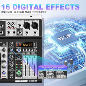 6 Channel Audio Interface Sound Board Mixing Console 16-Bit DSP DJ Mixer Audio Reverb Effect +48V Phantom Bluetooth Studio Audio Mixer for Karaoke Studio Streaming Recording