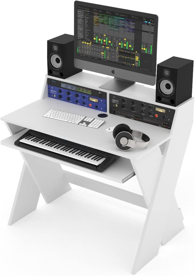 Sound Desk Compact Professional Studio Workstation - Elegant Walnut Finish with Pull-Out Keyboard Compartment