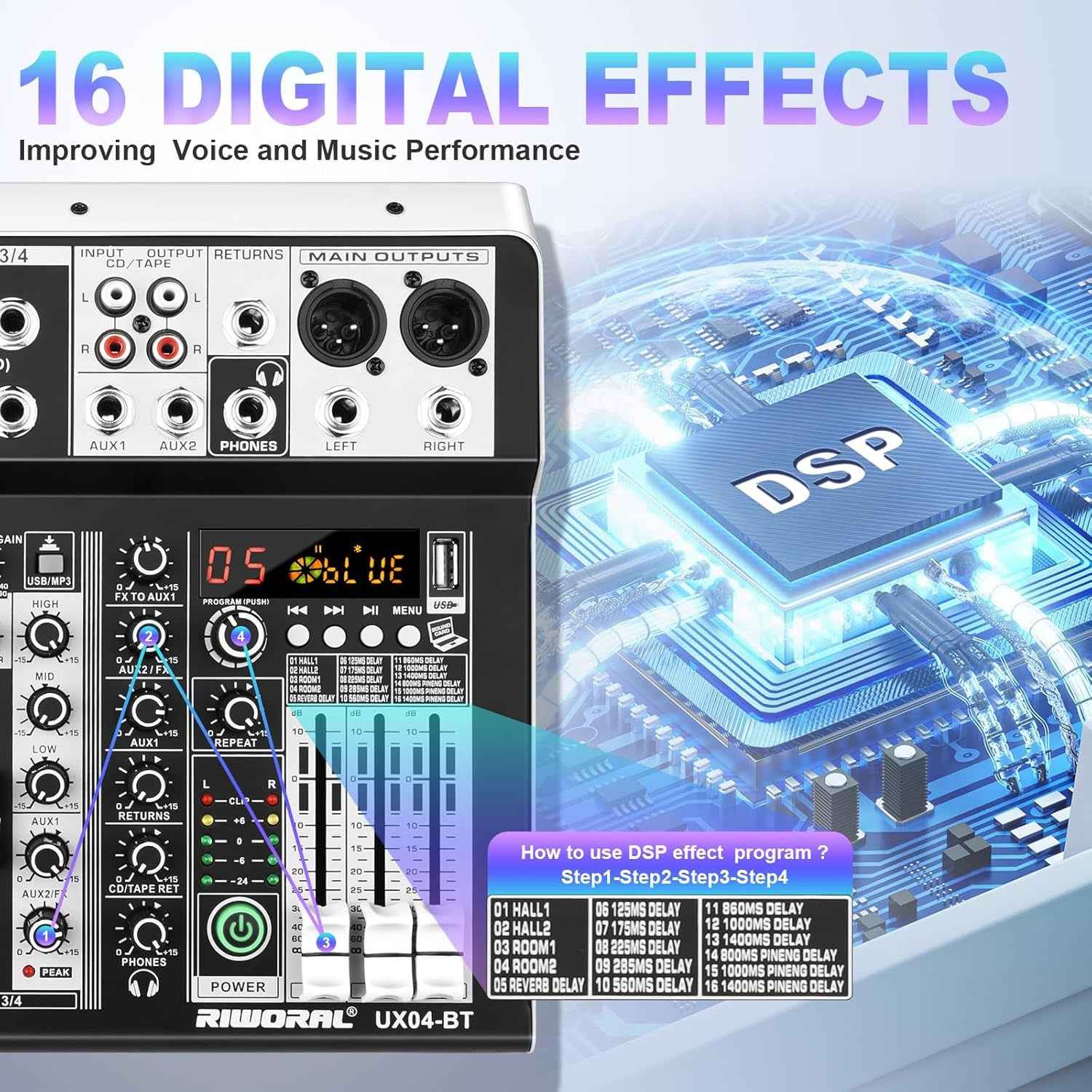 4 Channel Audio Interfacer DJ Mixer Sound Board 16-Bit DSP Effect USB Audio Mixer Effects +48V Phantom Bluetooth for Karaoke Studio Streaming Recording,Live Streaming