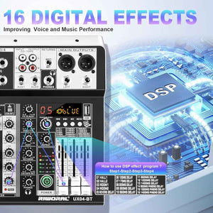 4 Channel Audio Interfacer DJ Mixer Sound Board 16-Bit DSP Effect USB Audio Mixer Effects +48V Phantom Bluetooth for Karaoke Studio Streaming Recording,Live Streaming