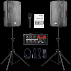 S-1202 12Inch 2000W Bluetooth PA System with Powered Mixer Set, Passive Speakers with 6 Channel Mixer/Stands/Mic/Effect Controller/ 48V Phantom Power,For Indoor&Outdoor