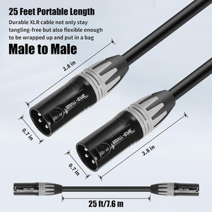 XLR Male to Male Cables 25 Ft 2 Pack – Balanced 3-Pin XLR Patch Cables with 22 AWG OFC for Mixers and PA Speakers