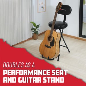 Seat with Padded Cushion, Ergonomic Backrest & Fold Holds Electric Acoustic Guitar Stand (GFW-GTR