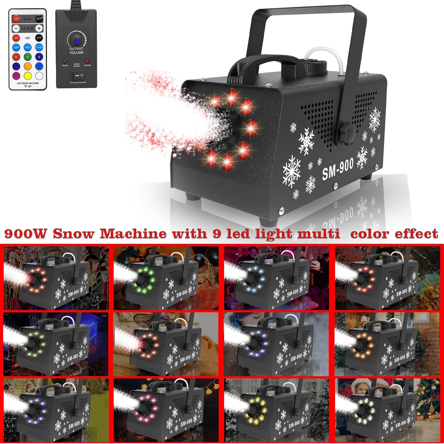 900W Snow Machine with 9 Lights Christmas Gift,High Output Fake Snow Machine with Remote,Snow Machine Indoor,Outdoor Snow Making Machine,Snow Maker Machine,Snowflake Machine Parade,Party