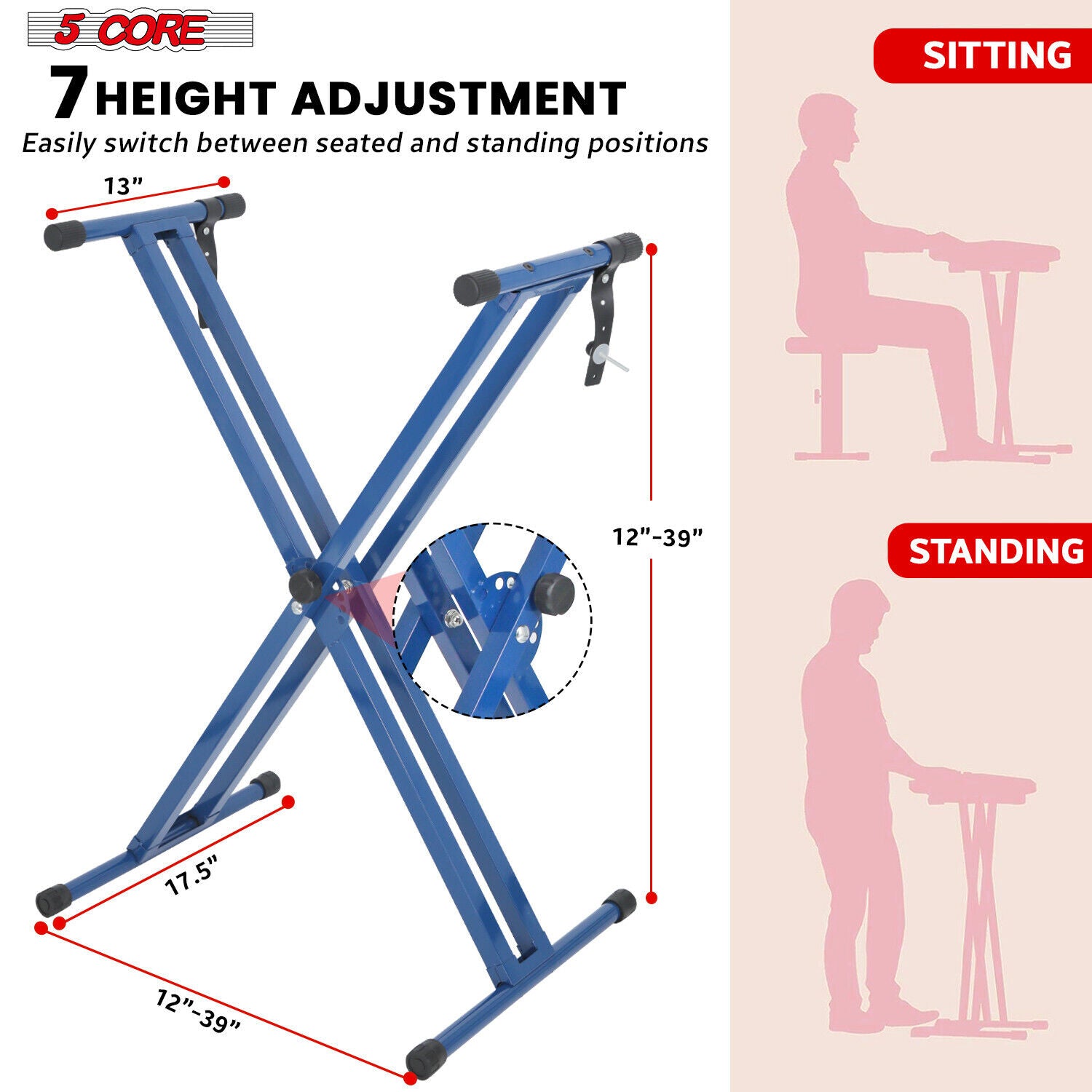 5Core Adjustable Keyboard Stand Electric Piano X Brace Stand Metal Dual Tuberack