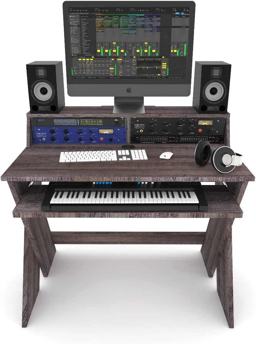 Sound Desk Compact Professional Studio Workstation - Elegant Walnut Finish with Pull-Out Keyboard Compartment