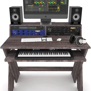 Sound Desk Compact Professional Studio Workstation - Elegant Walnut Finish with Pull-Out Keyboard Compartment