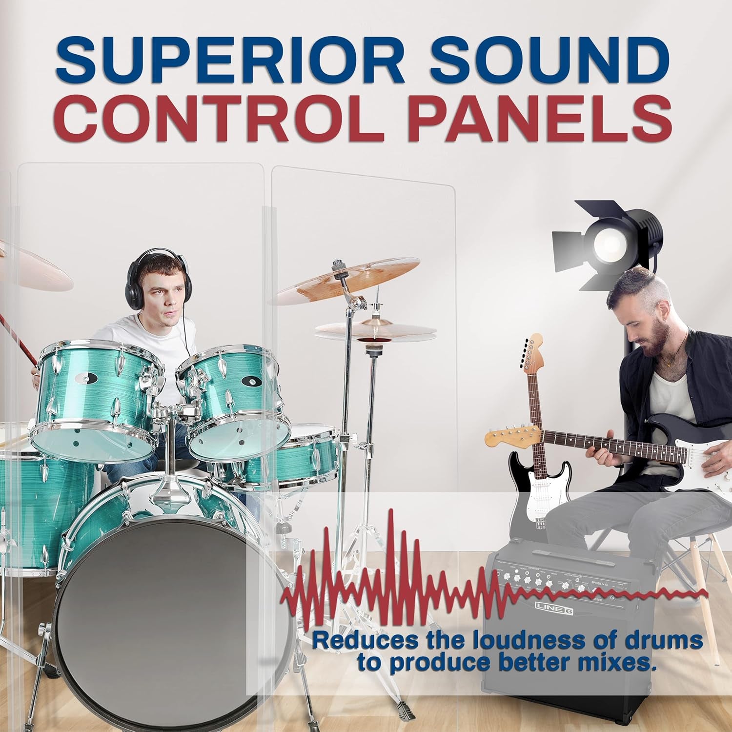 Drum Shield 5Ft W/Living Hinges, Comes W/ 3 Drum Panels & Living Hinges, Premium Clear Acrylic Panels, Drum Screen