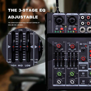 04E Karaoke Audio Mixer,4 Channel Mixer with Dual UHF Wireless Mic, Sound Board Console MP3 Bluetooth 48V Phantom Power USB Audio Interface DJ Mixing for Party Computer Studio Recording (04E)