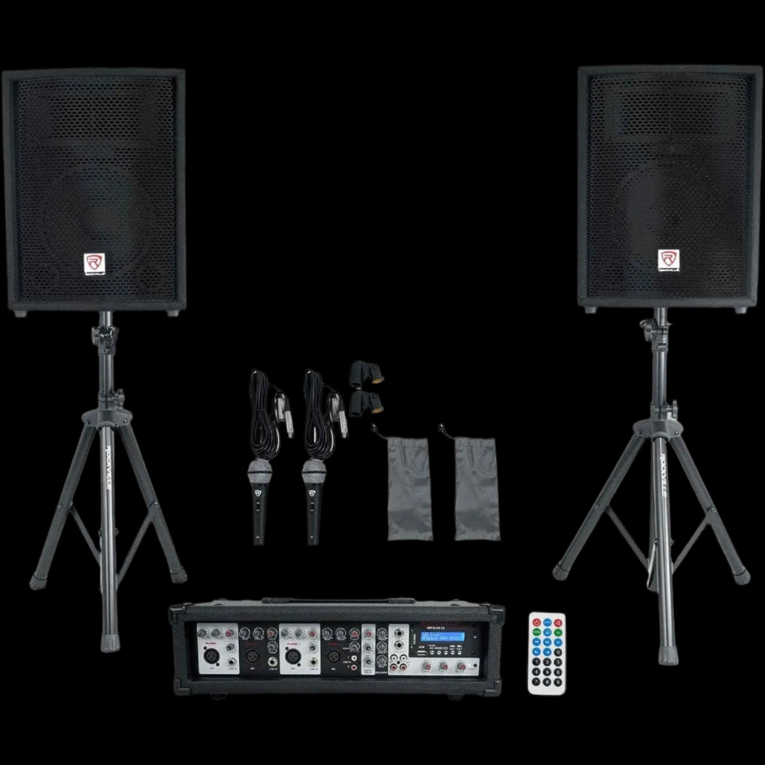 Package PA System Mixer/Amp+10" Speakers+Stands+Mics+Bluetooth, (RPG2X10)