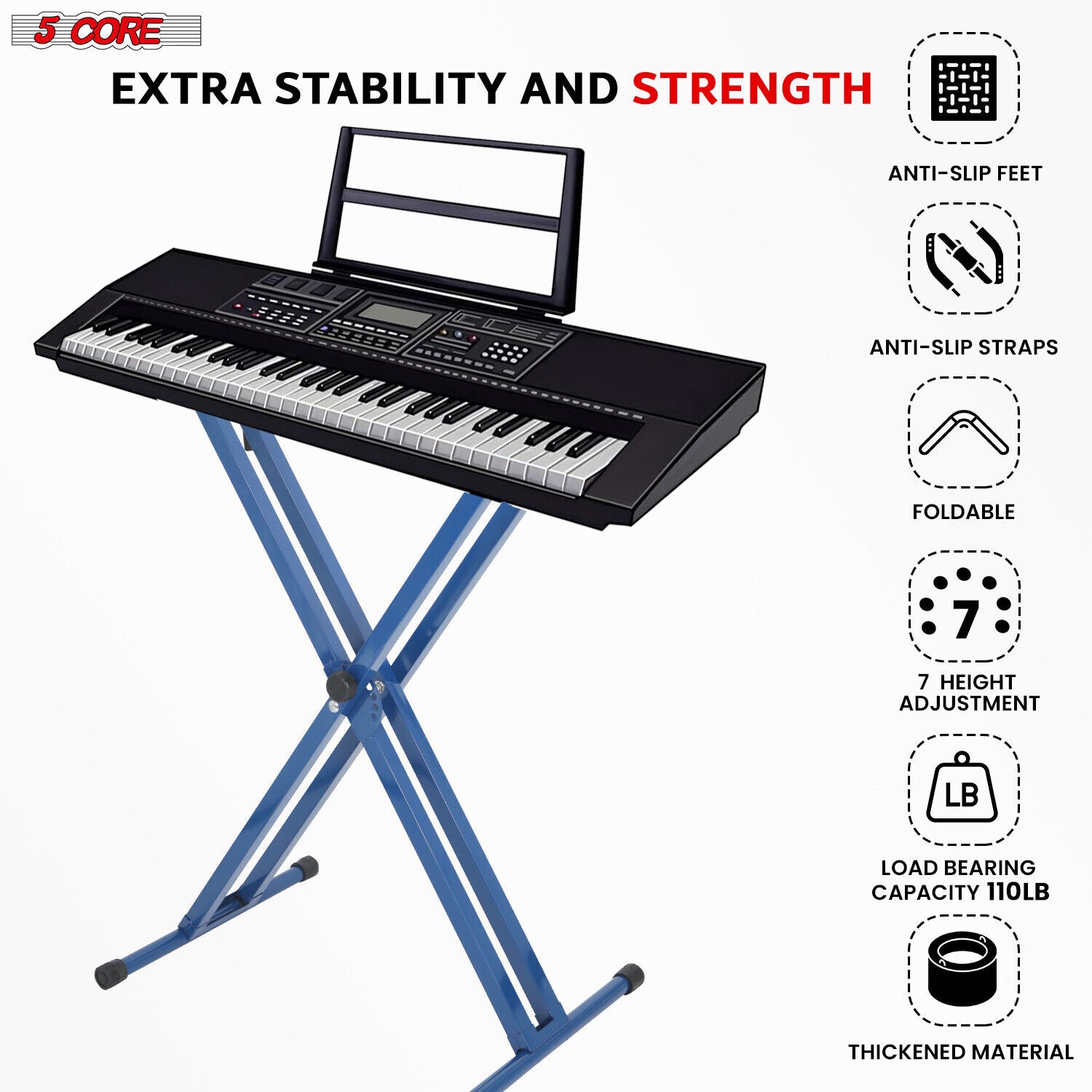 5Core Adjustable Keyboard Stand Electric Piano X Brace Stand Metal Dual Tuberack