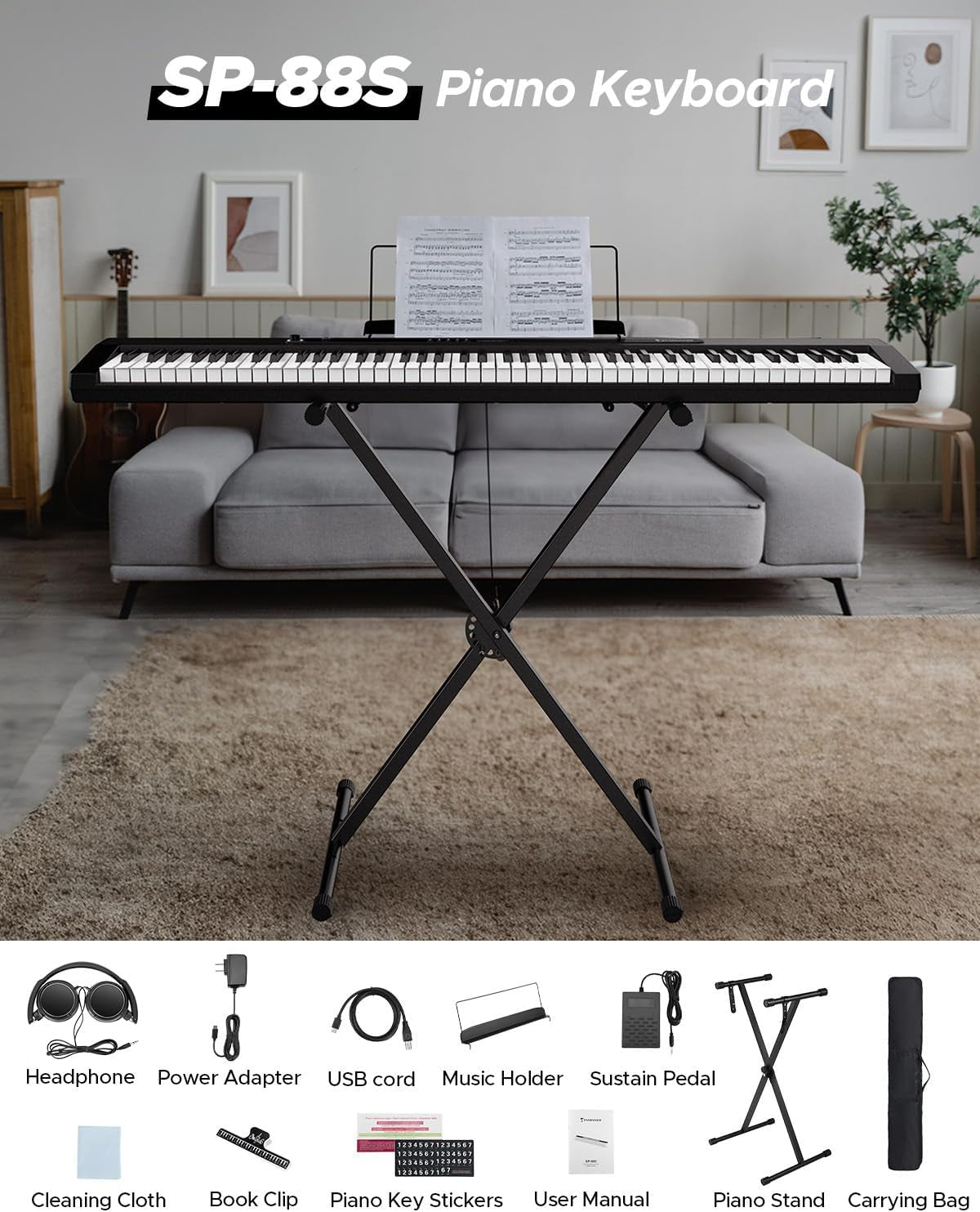 88 Key Piano Keyboard, Compact Bluetooth Digital Piano with Full-Size Semi Weighted 88 Keys, Budget Electric Keyboard Piano with Stand, Piano Pedal, Carrying Bag, Recording/Midi/Usb, Black